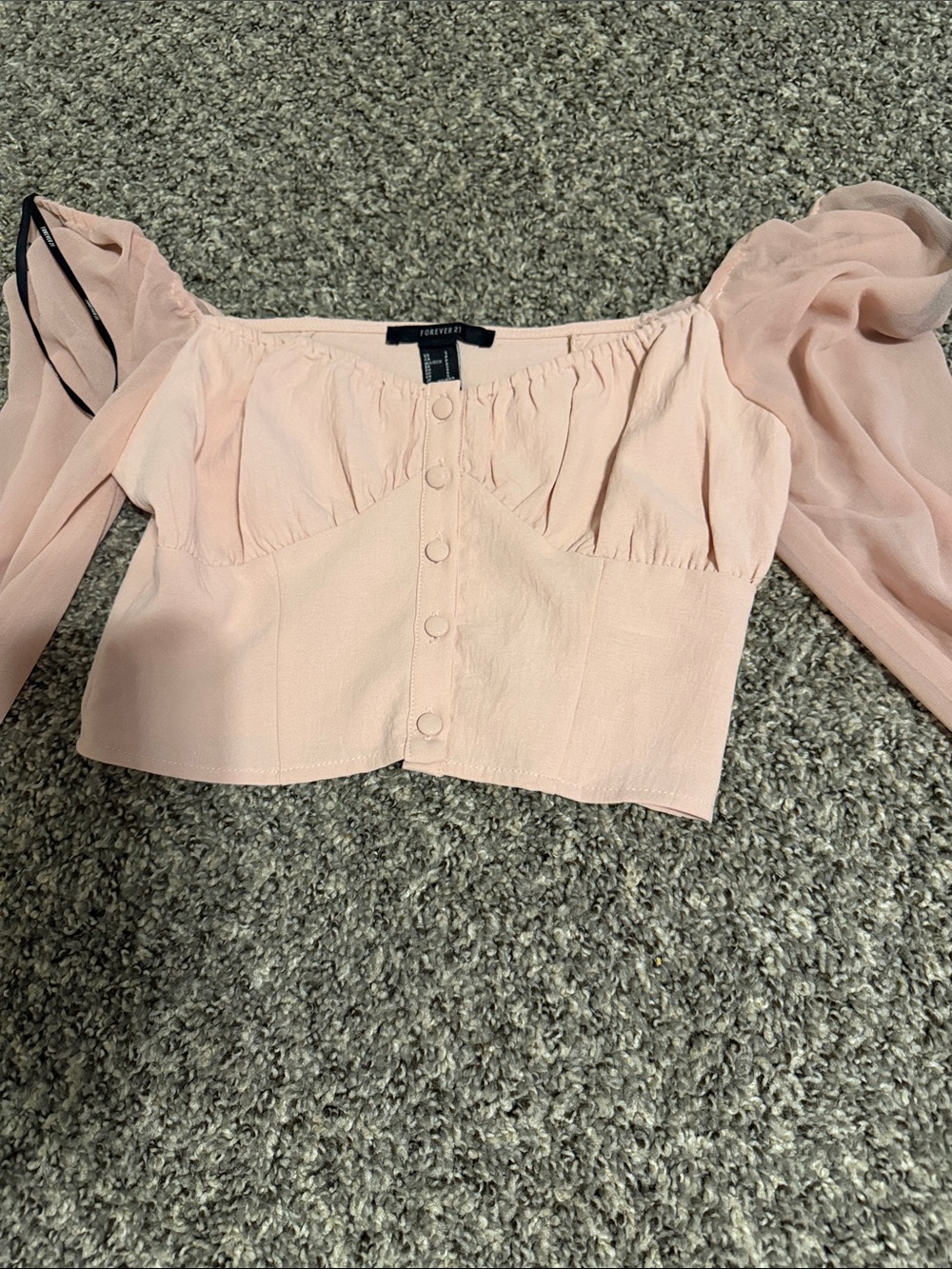 Forever 21 Soft Pink Off-Shoulder Puff Sleeve Crop Top